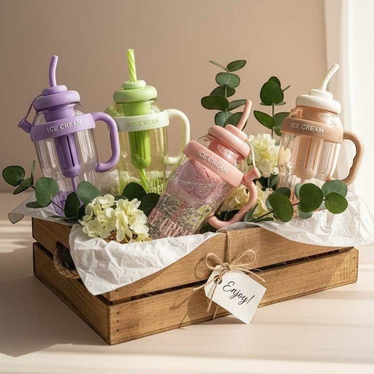 Mango Muffins Ice Cream Sippers: pastel purple, green, pink, and tan tumblers with handles and straws, featuring waffle cone texture.