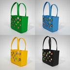 Mango Muffins Junior Splash Tote bag in green, blue, yellow, and black, made of waterproof PVC with fun charms.