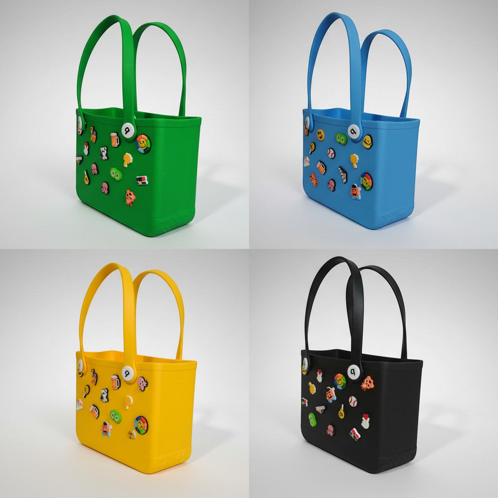 Mango Muffins Junior Splash Tote bag in green, blue, yellow, and black, made of waterproof PVC with fun charms.