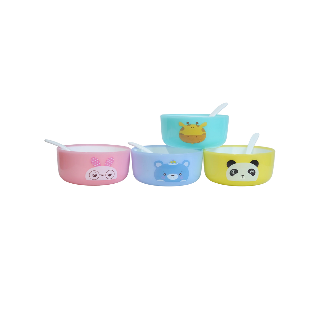 Mango Muffins set of 4 colorful kids' snack bowls with animal faces: pink bunny, blue bear, teal giraffe, yellow panda. Includes spoons.