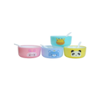 Mango Muffins set of 4 colorful kids' snack bowls with animal faces: pink bunny, blue bear, teal giraffe, yellow panda. Includes spoons.