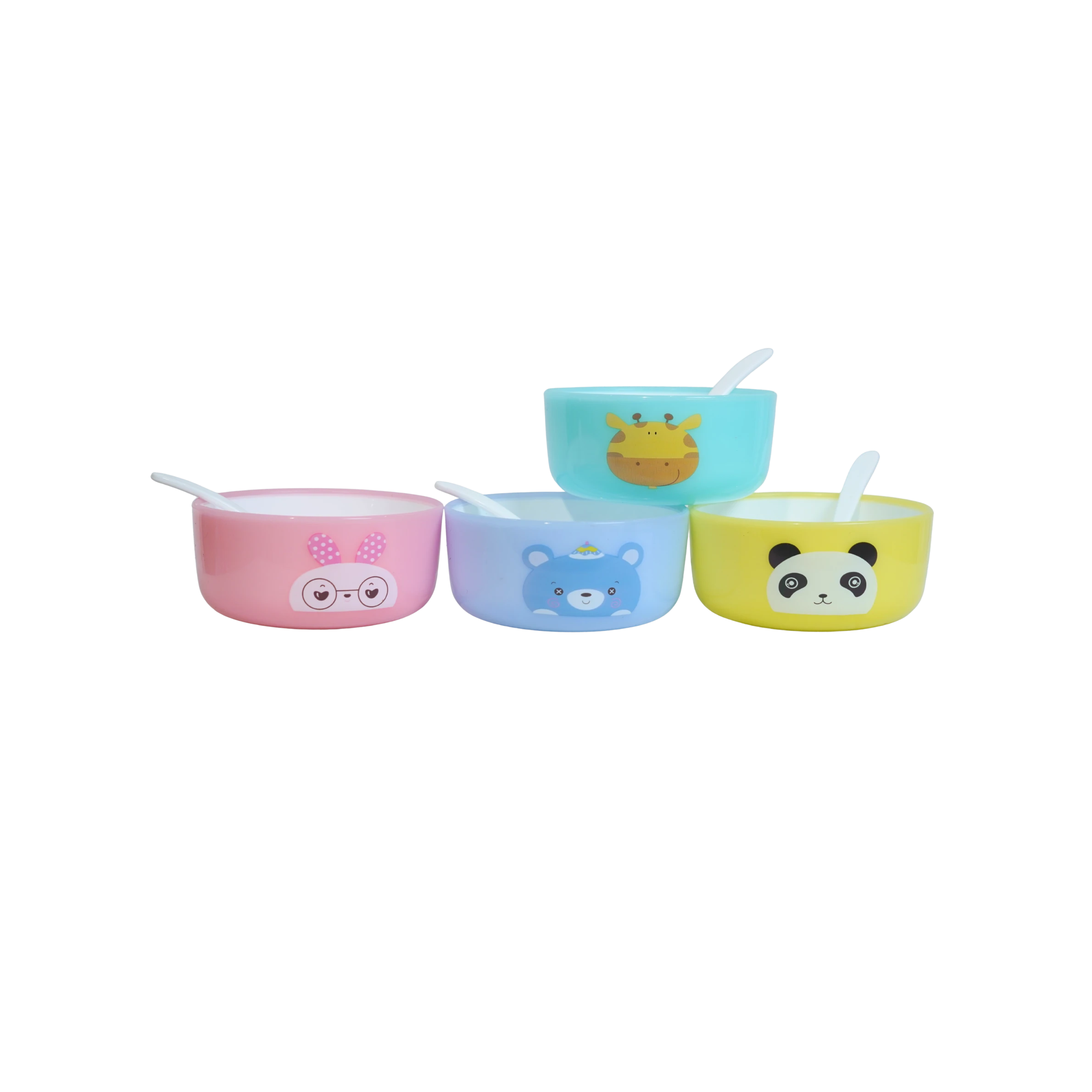 Mango Muffins set of 4 colorful kids' snack bowls with animal faces: pink bunny, blue bear, teal giraffe, yellow panda. Includes spoons.