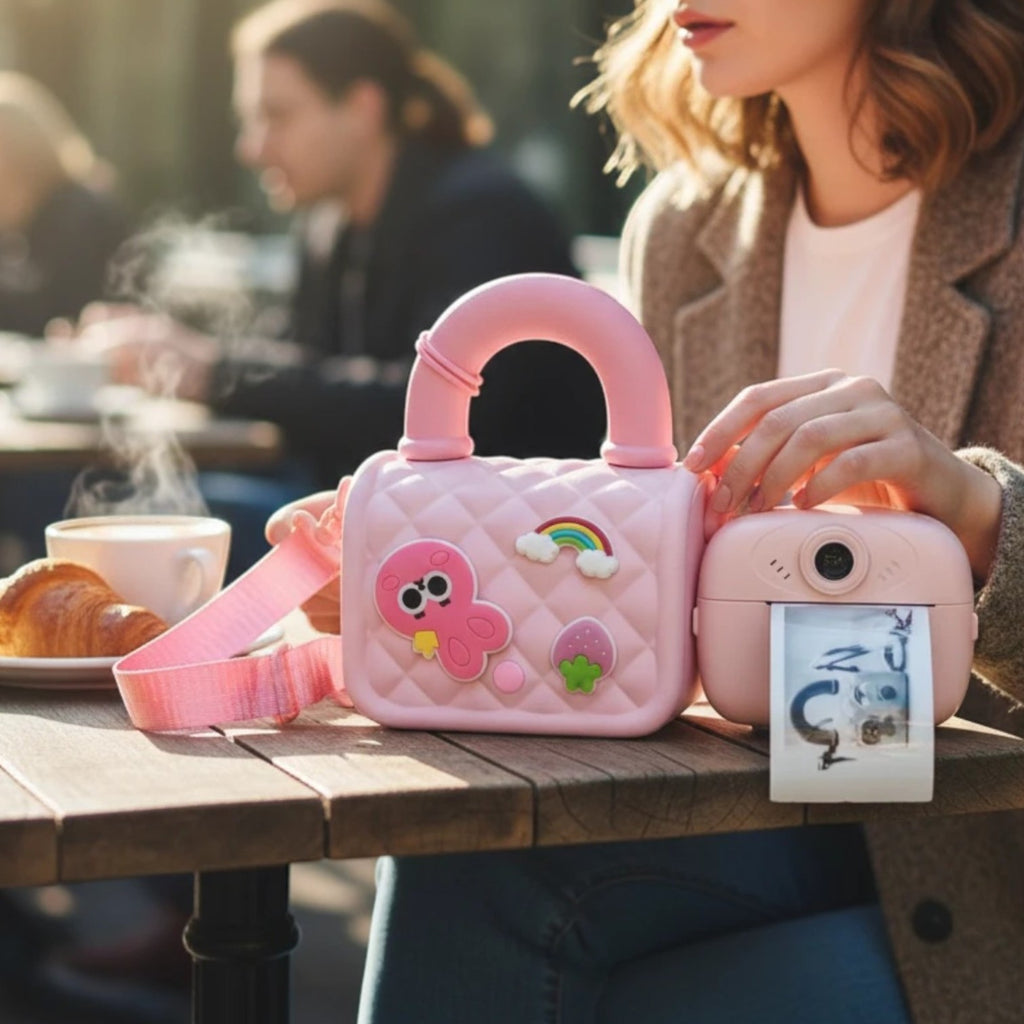 Mango Muffins pastel pink quilted purse with octopus charm and instant print camera with printed photo.