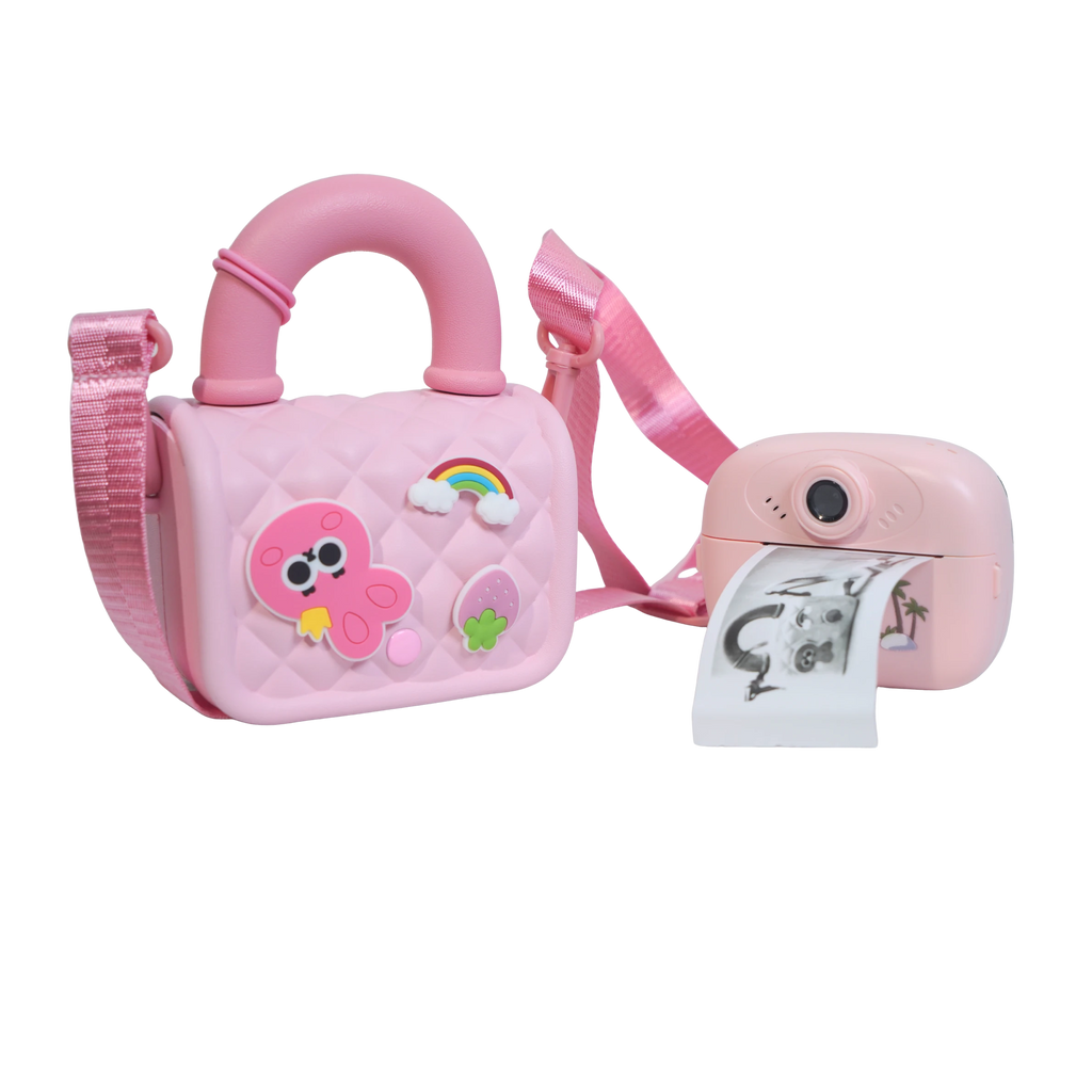 Mango Muffins pastel pink quilted purse with charms and matching instant print camera with printed photo.