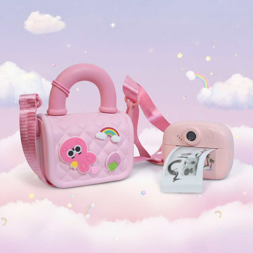 Mango Muffins pastel pink quilted purse with charms and matching instant print camera.