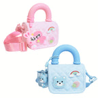 Mango Muffins pink and blue quilted sling bags for kids, featuring cute bear and bunny charms, rainbows, and strawberries.