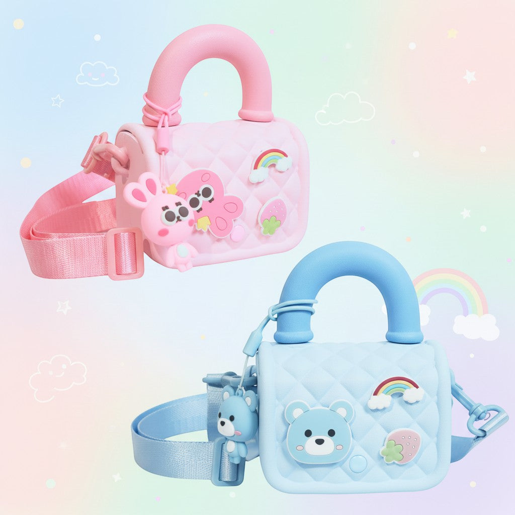 Mango Muffins pink and blue quilted sling bags for kids, featuring cute bear, bunny, butterfly, strawberry, and rainbow charms.