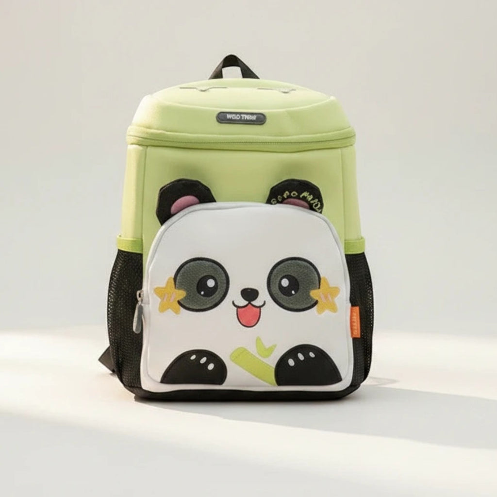 Mango Muffins light green plush panda backpack for kids with 3D ears and embroidered face.