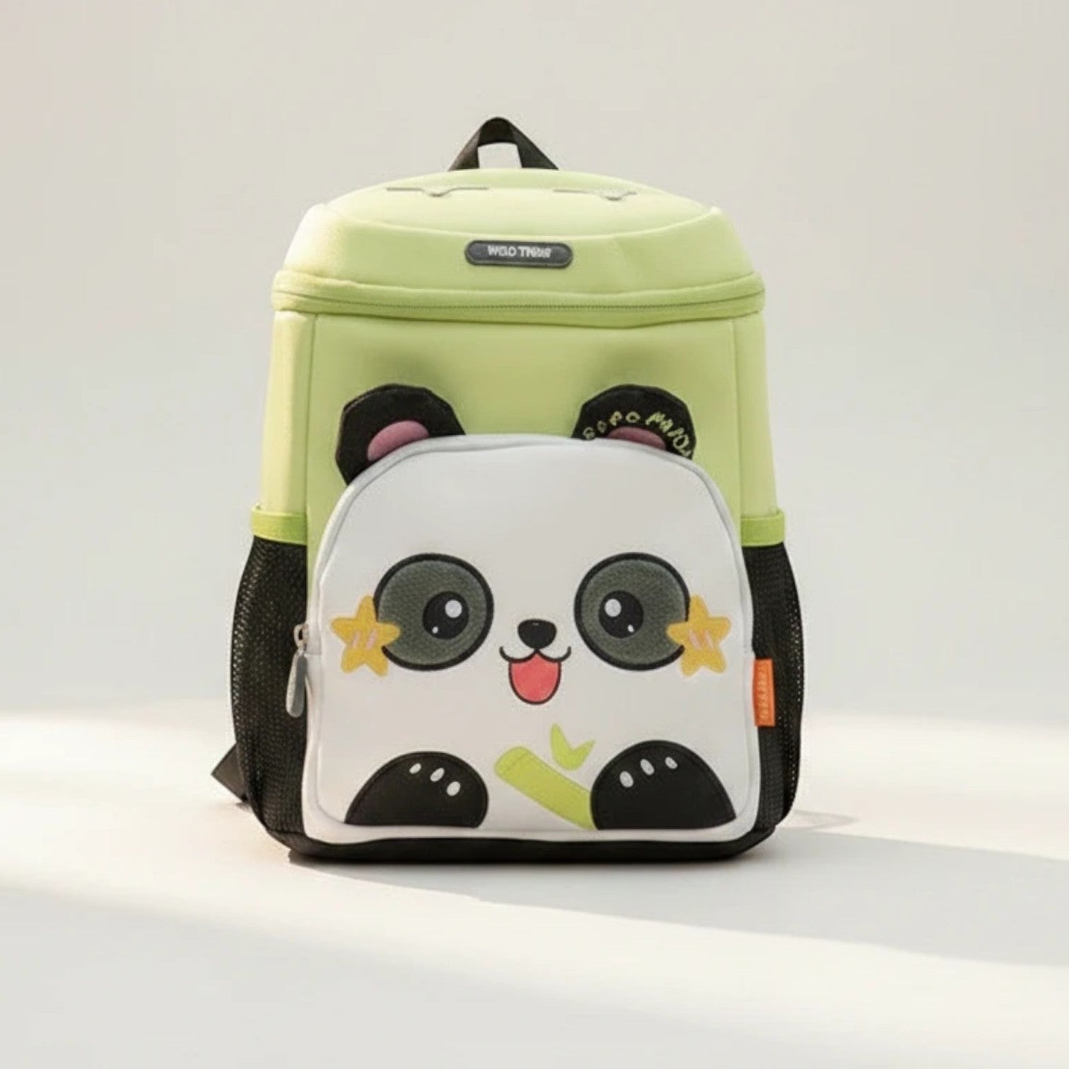 Mango Muffins light green plush panda backpack for kids with 3D ears and embroidered face.