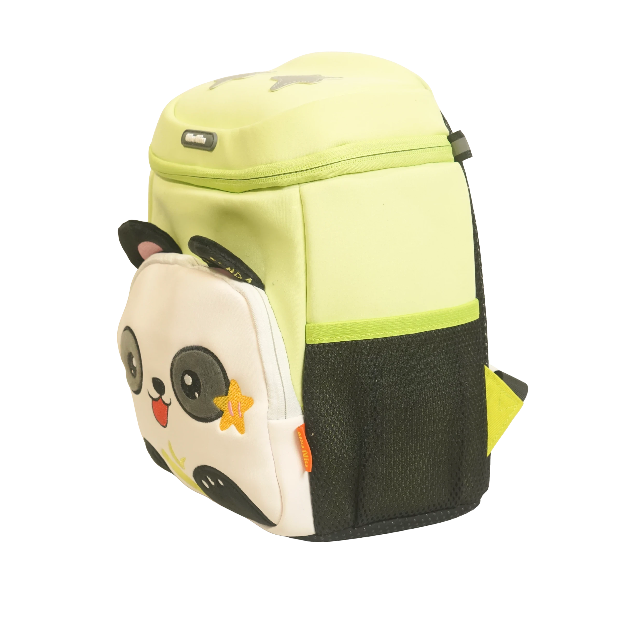 Mango Muffins light green plush panda backpack with 3D ears and embroidered star detail. Features zippered pocket and mesh side pocket.