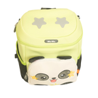 Mango Muffins lime green backpack with a cute panda face on the front pocket and two grey stars on top.