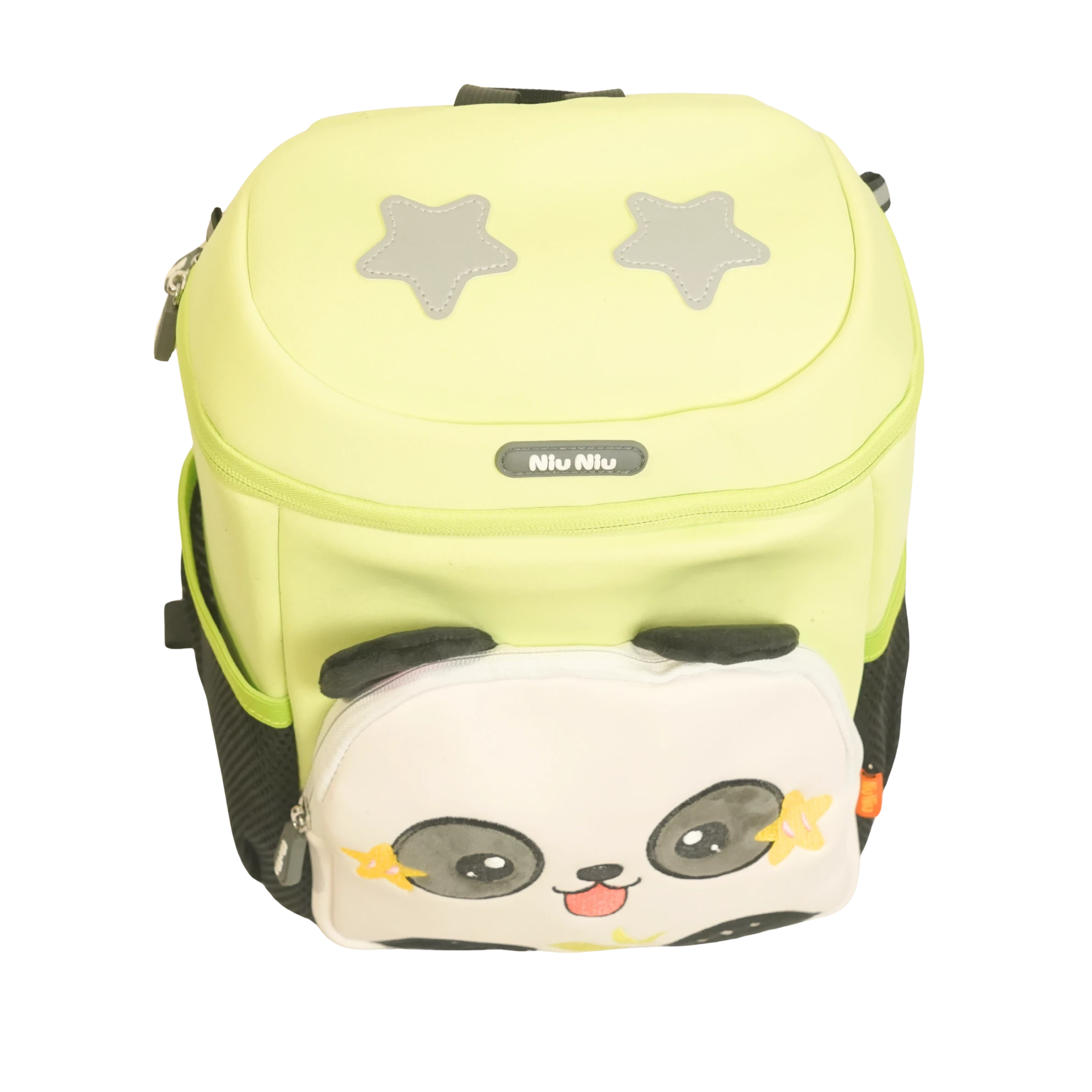 Mango Muffins lime green backpack with a cute panda face on the front pocket and two grey stars on top.