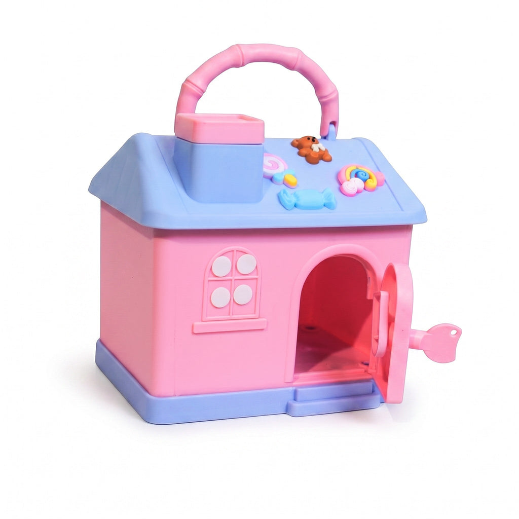 Mango Muffins Dream Cottage savings bank in candy pink and pastel blue with a working key and 3D roof charms.