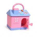 Mango Muffins Dream Cottage savings bank in candy pink and pastel blue with a working key and 3D roof charms.