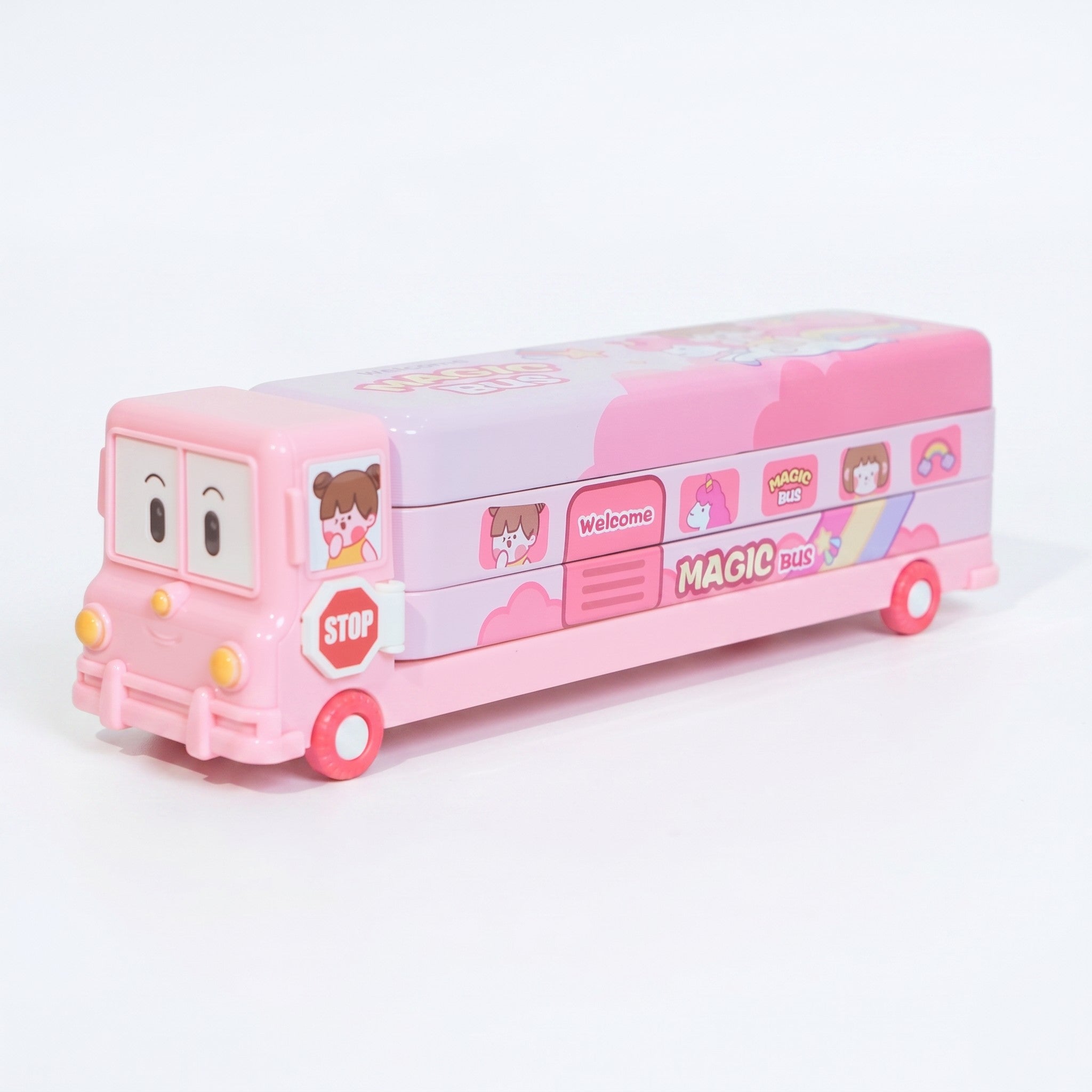 Mango Muffins pastel pink double-decker bus pencil box with unicorn graphics and rolling wheels for school stationery.