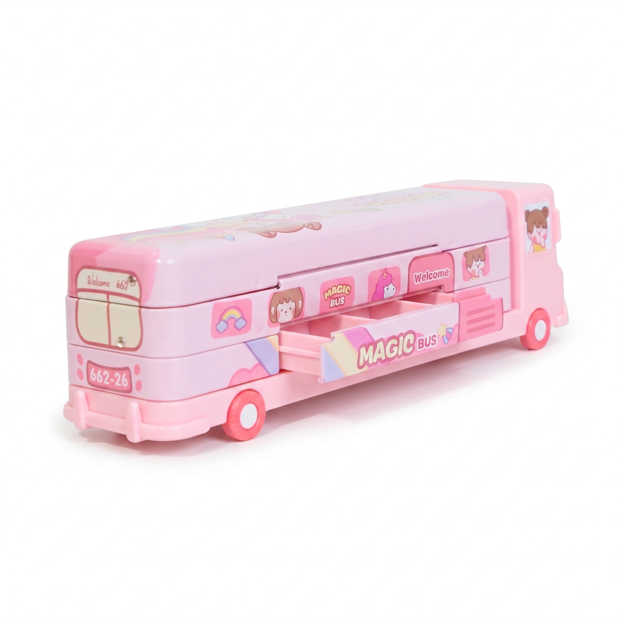 Mango Muffins pastel pink double-decker bus pencil box with unicorn and rainbow graphics and a pull-out storage drawer.