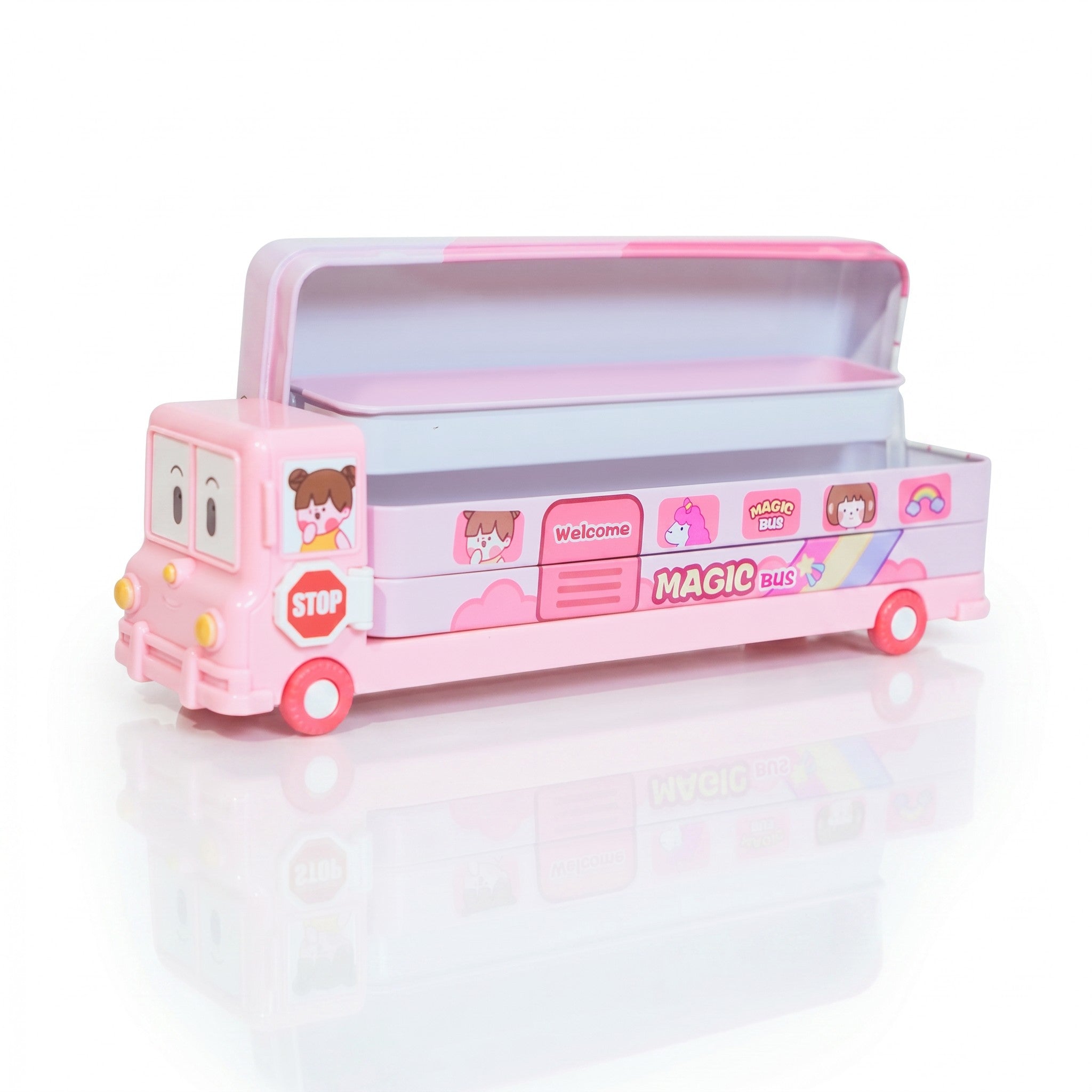 Mango Muffins pastel pink double-decker bus pencil box with unicorn print and open storage trays