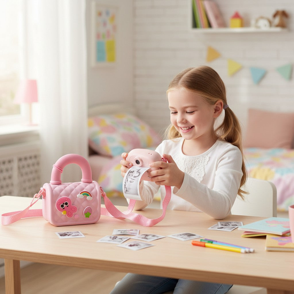Mango Muffins pastel pink quilted sling bag with charms and instant print camera with printed photo.