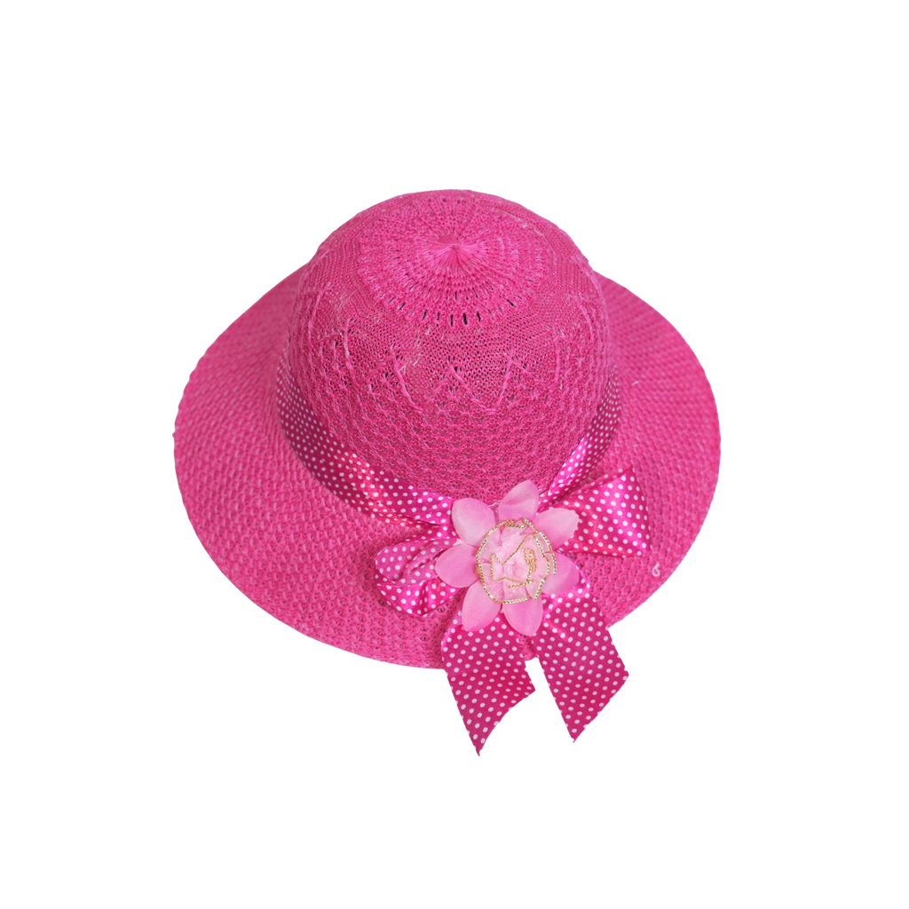 Mango Muffins pink woven cloche hat with polka dot ribbon and floral accent