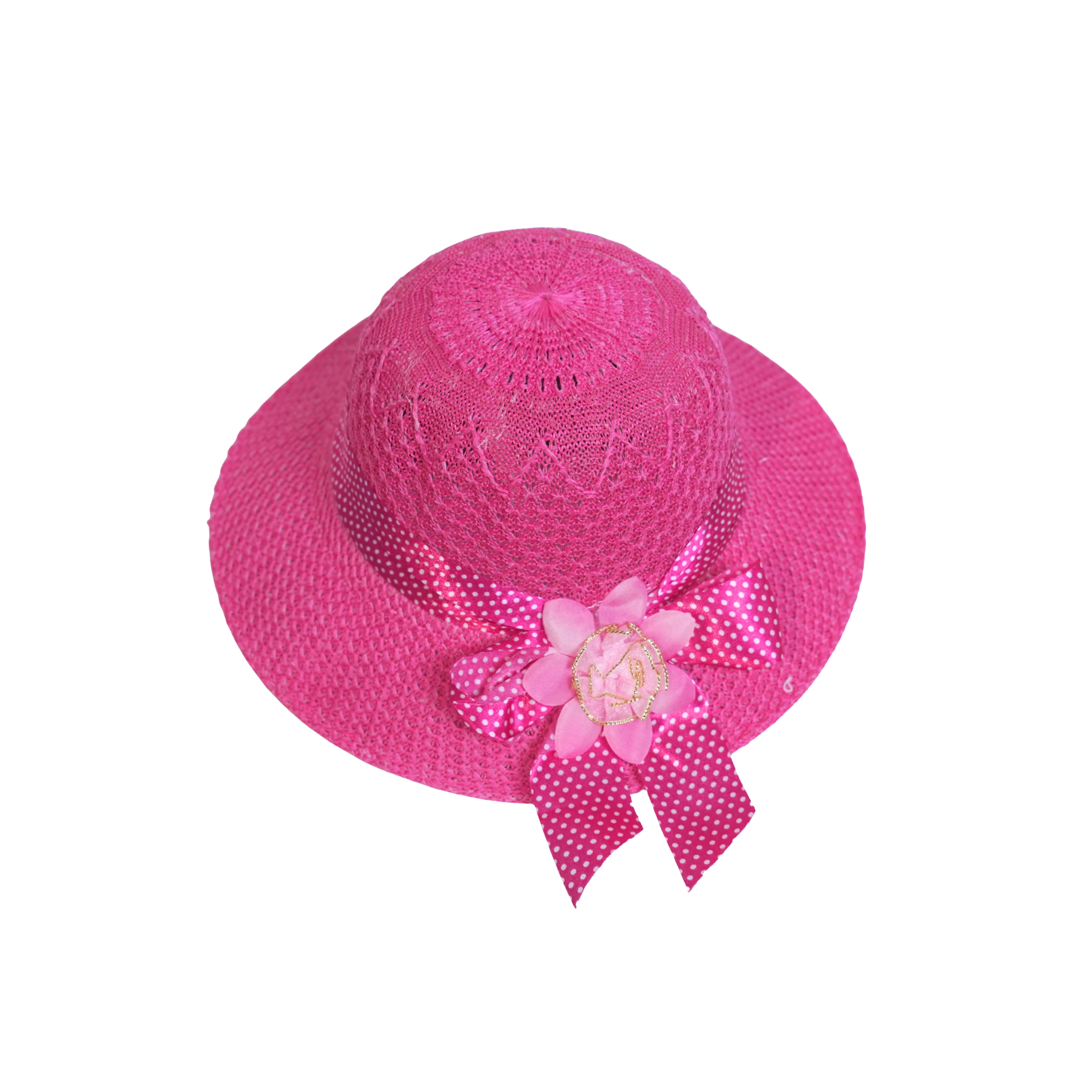 Mango Muffins pink woven cloche hat with polka dot ribbon and floral accent