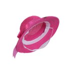 Mango Muffins pink woven cloche hat with polka dot band and fabric flower accent.