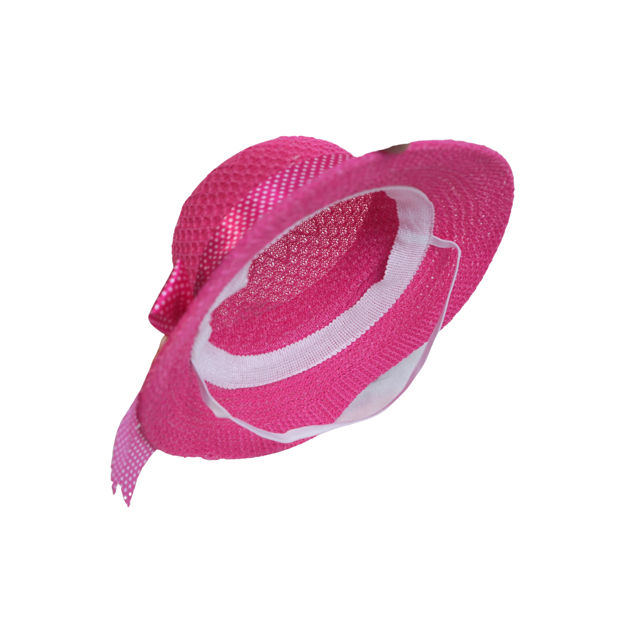 Mango Muffins pink woven cloche hat with polka dot band and fabric flower accent.