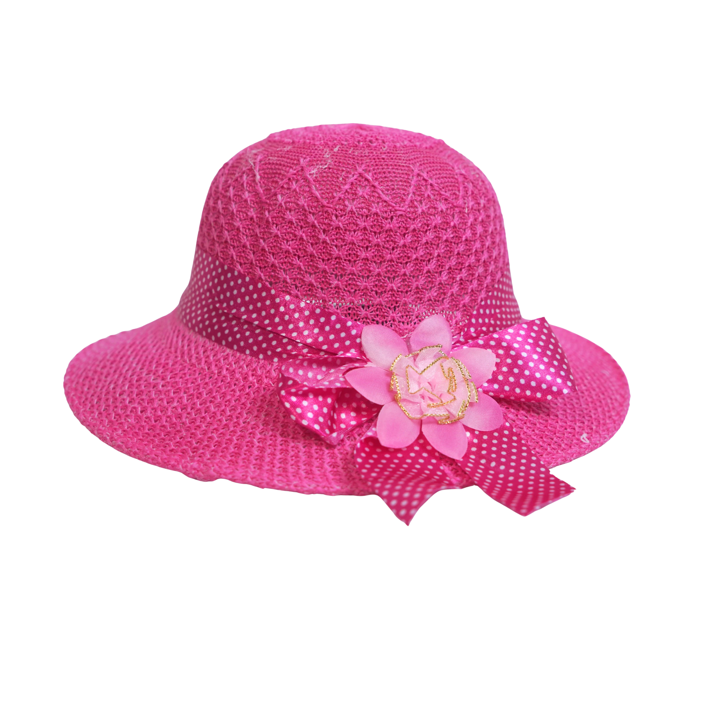 Mango Muffins berry pink woven cloche hat with polka dot ribbon and fabric flower accent.