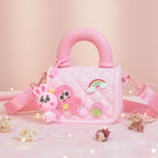 Mango Muffins pink quilted mini sling bag with cute bunny and octopus charms, rainbow and strawberry appliques.
