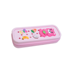 Mango Muffins pink pencil case with cute bear, strawberry, banana, carrot, and cupcake charms. Zipper closure.