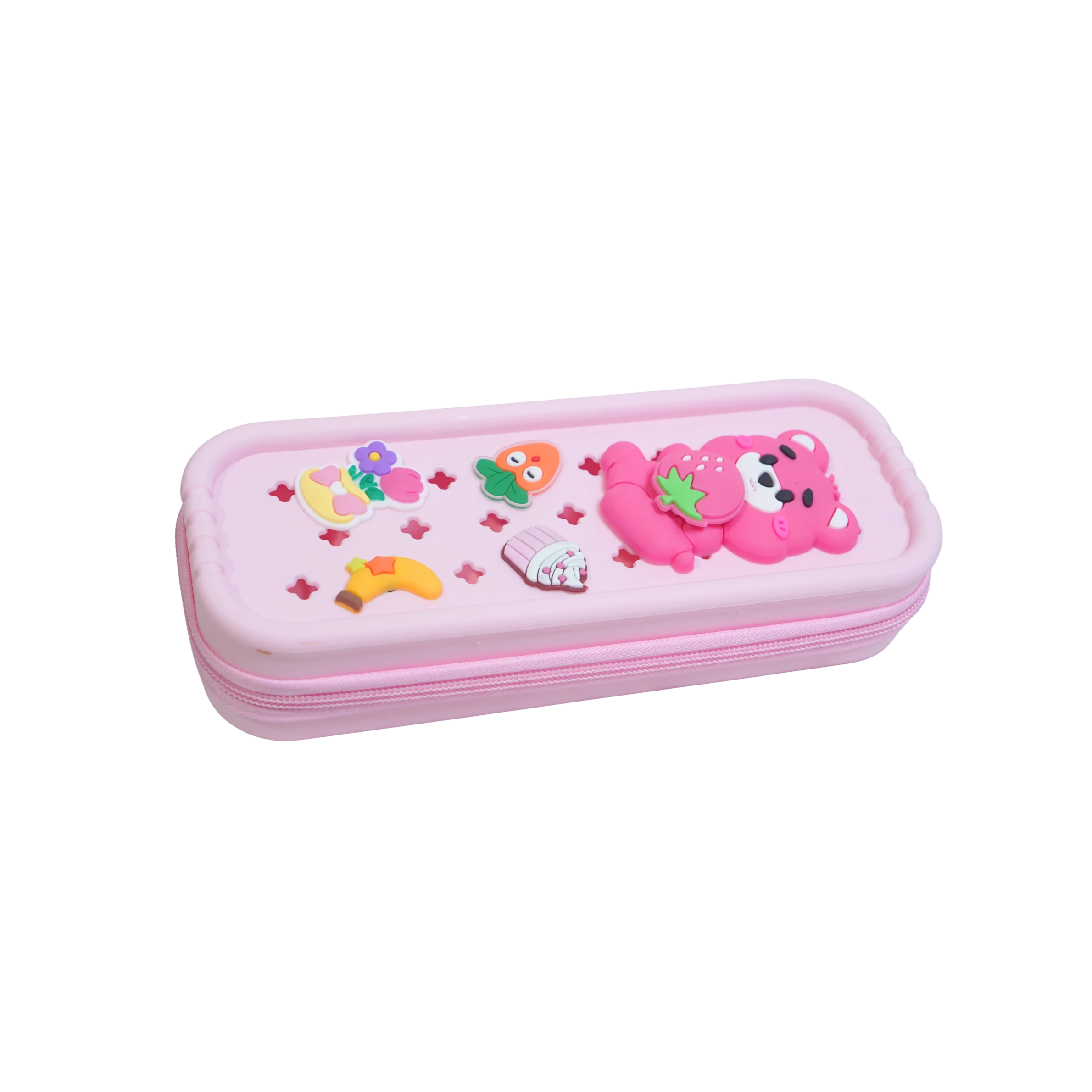 Mango Muffins pink pencil case with cute bear, strawberry, banana, carrot, and cupcake charms. Zipper closure.
