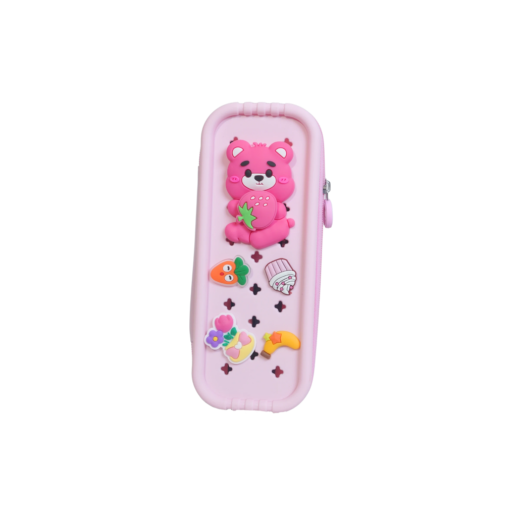 Mango Muffins pink pencil case with a 3D pink bear holding a strawberry, carrot, cupcake, flowers, and banana charms. Features a zipper closure.