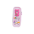 Mango Muffins pink pencil case with a 3D pink bear holding a strawberry, carrot, cupcake, flowers, and banana charms. Features a zipper closure.
