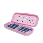 Mango Muffins pink pencil case with teal pencils and internal organizers. Features a smooth zipper and water-resistant lining.