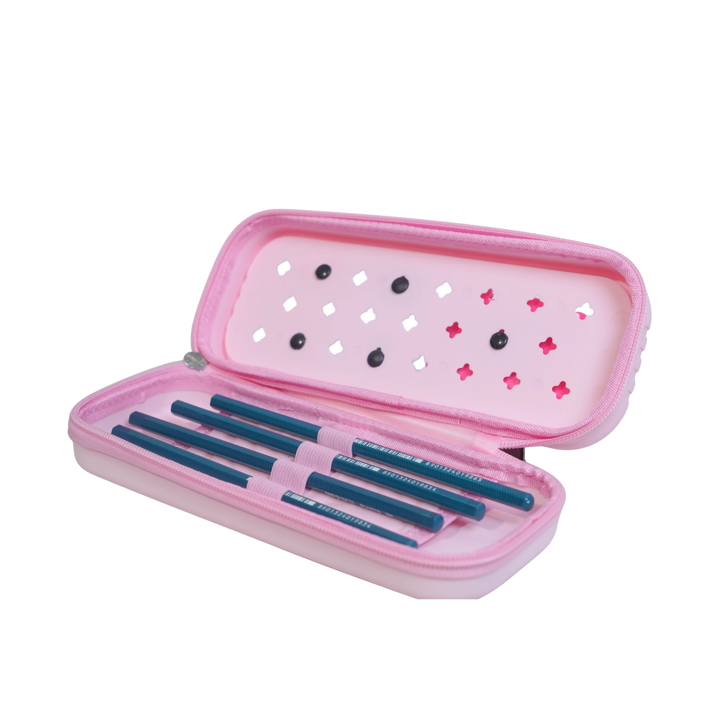 Mango Muffins pink pencil case with teal pencils and internal organizers. Features a smooth zipper and water-resistant lining.