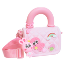 Mango Muffins pink quilted sling bag with cute bunny, octopus, rainbow, and strawberry charms. Adjustable strap.