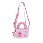 Mango Muffins pink quilted sling bag with cute cartoon patches and a bunny charm. Adjustable strap.