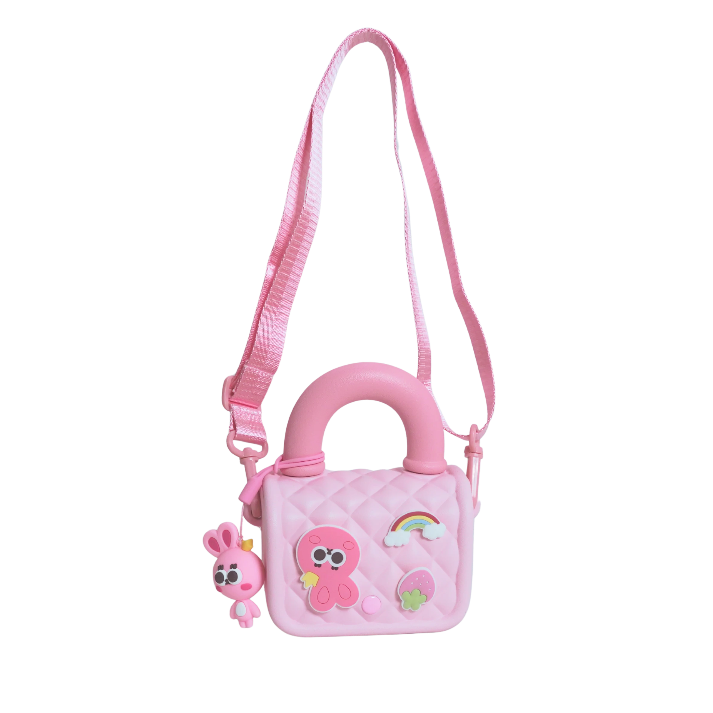 Mango Muffins pink quilted sling bag with cute cartoon patches and a bunny charm. Adjustable strap.