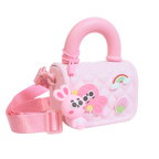 Mango Muffins pink quilted sling bag with adjustable strap, featuring a cute bunny charm, butterfly, rainbow, and strawberry appliques.