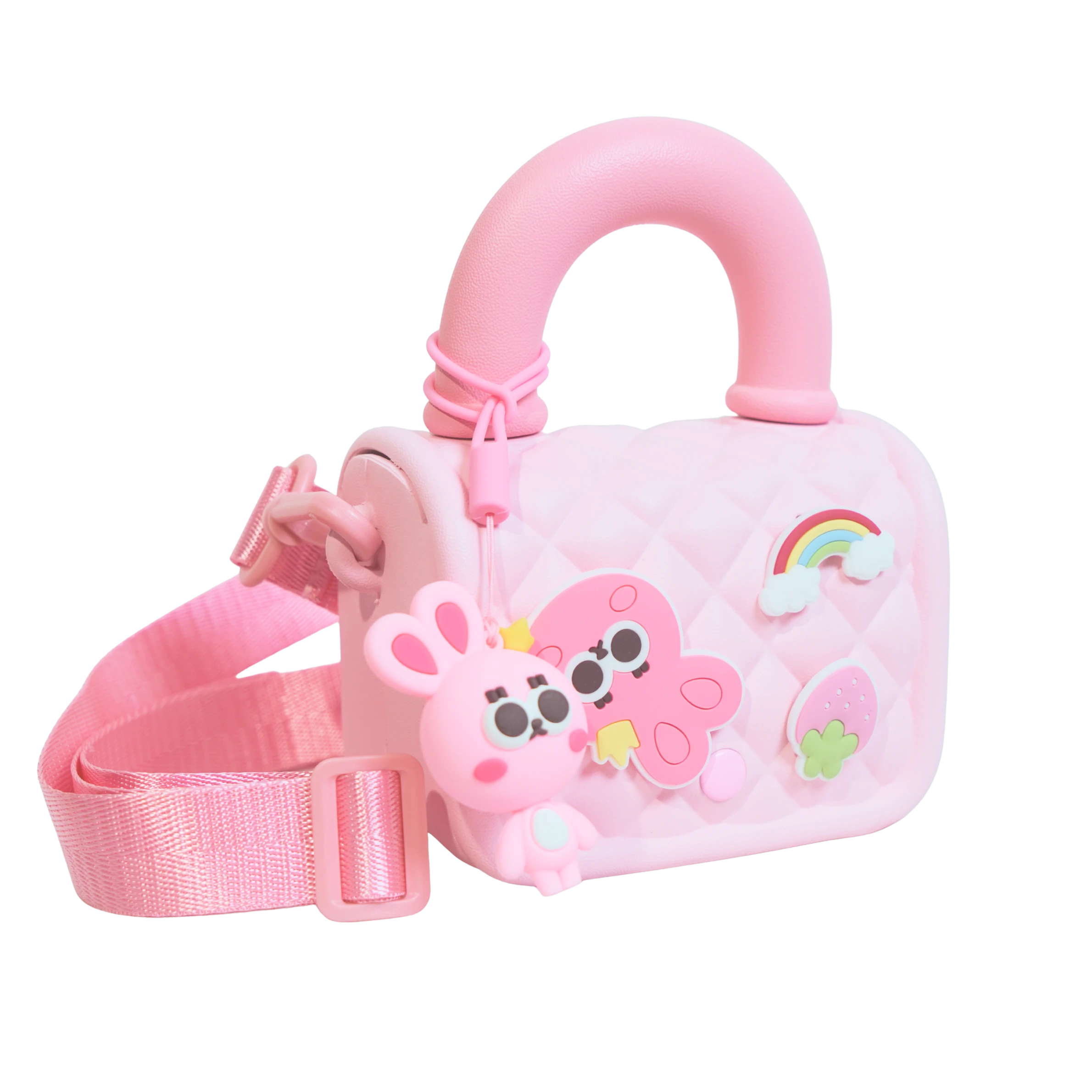 Mango Muffins pink quilted sling bag with adjustable strap, featuring a cute bunny charm, butterfly, rainbow, and strawberry appliques.