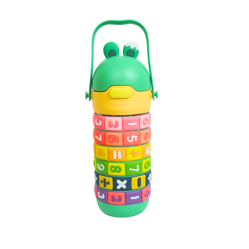 Mango Muffins Brainy Builder Puzzle Bottle, 430ml, with rotating math rings and a froggy cap.