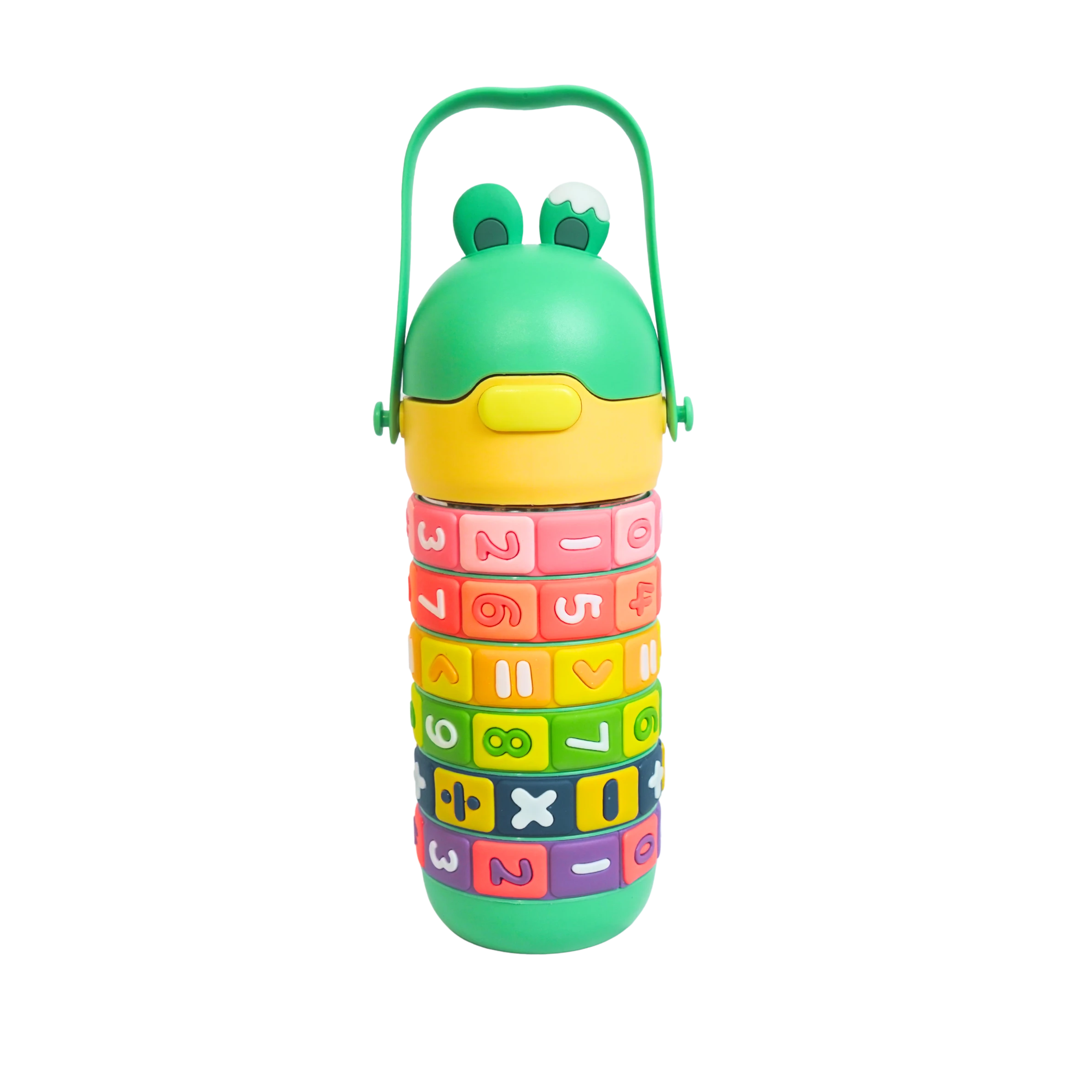 Mango Muffins Brainy Builder Puzzle Bottle, 430ml, with rotating math rings and a froggy cap.