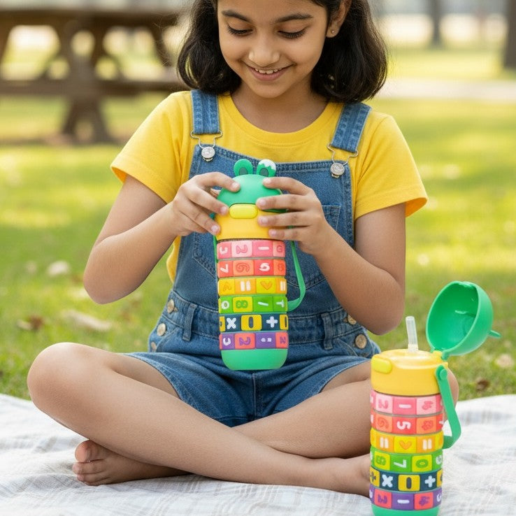 Mango Muffins Brainy Builder Puzzle Bottle, 430ml, with rotating math rings and froggy cap, BPA-free plastic