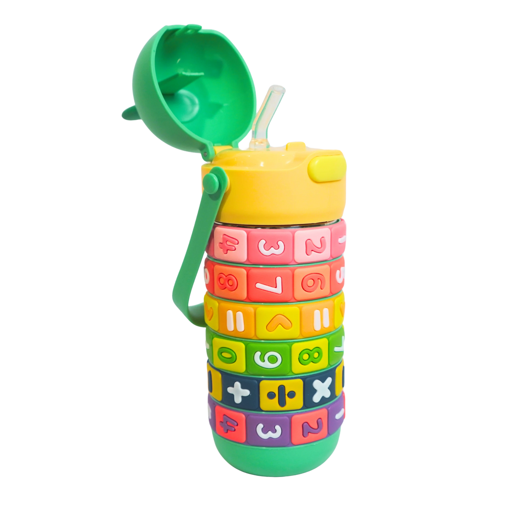 Mango Muffins Brainy Builder Puzzle Bottle, 430ml, with rotating math rings and a green froggy cap.