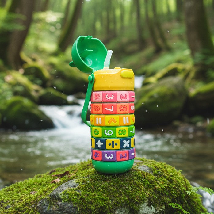 Mango Muffins Brainy Builder Puzzle Bottle, 430ml, with rotating math rings and froggy cap, BPA-free plastic