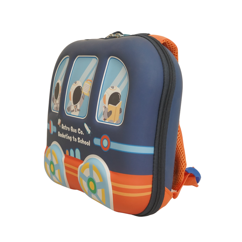 Mango Muffins blue and orange rocket bus backpack with astronauts, padded straps, and fun wheel details.