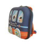 Mango Muffins blue and orange rocket bus backpack with astronauts, padded straps, and fun wheel details.