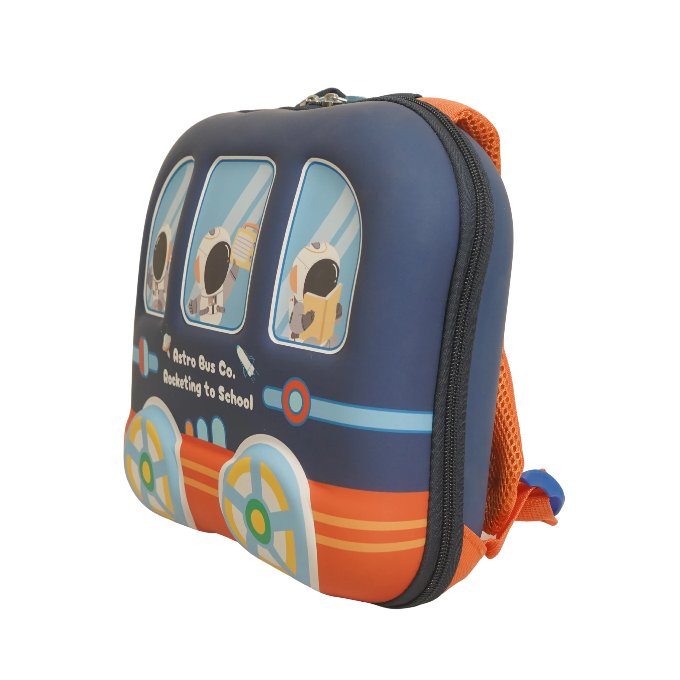 Mango Muffins blue and orange rocket bus backpack with astronauts, padded straps, and fun wheel details.