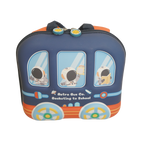 Mango Muffins blue and orange rocket bus backpack with astronauts inside, for school or travel.