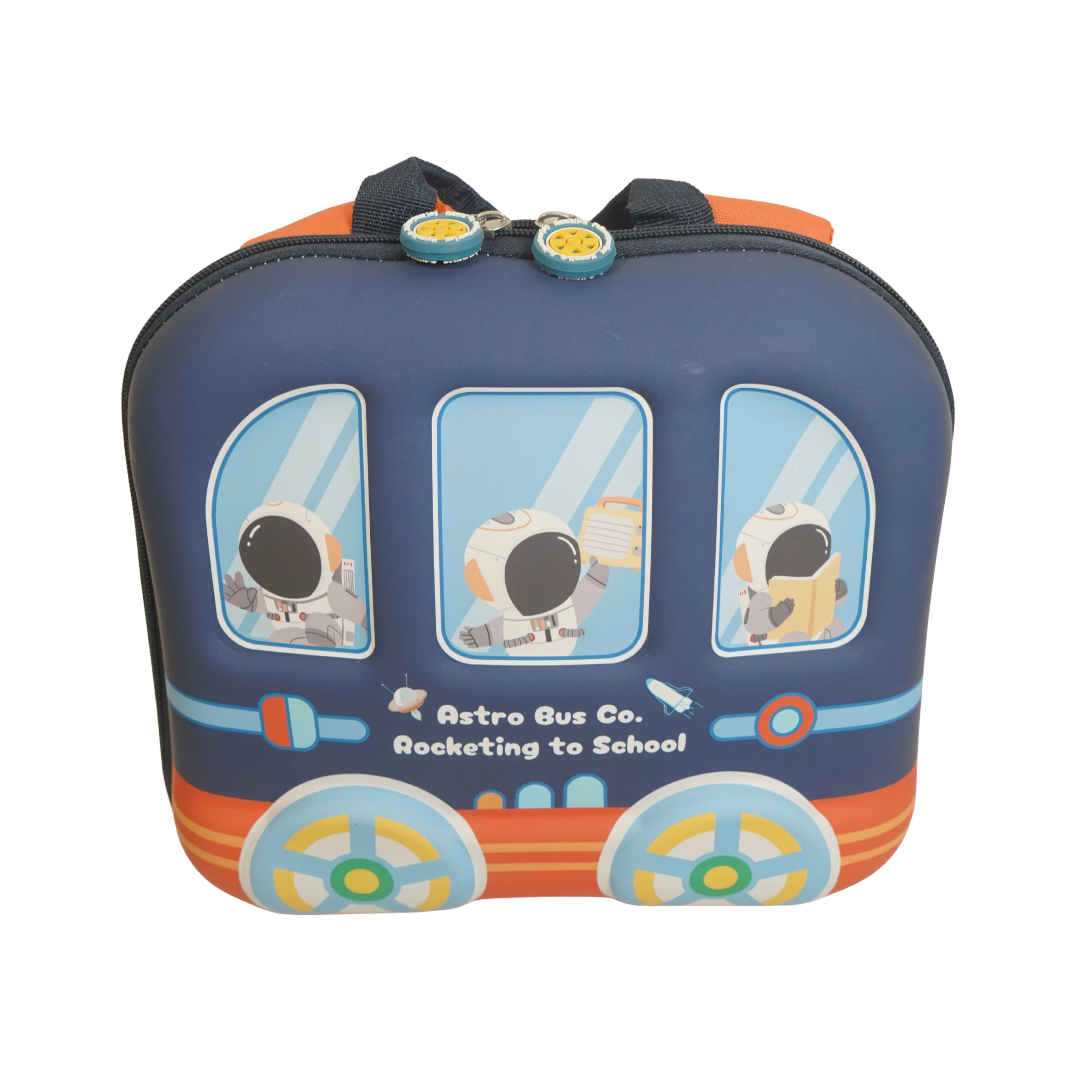 Mango Muffins blue and orange rocket bus backpack with astronauts inside, for school or travel.