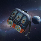 Mango Muffins blue and orange rocket bus backpack with astronaut passengers, perfect for school.